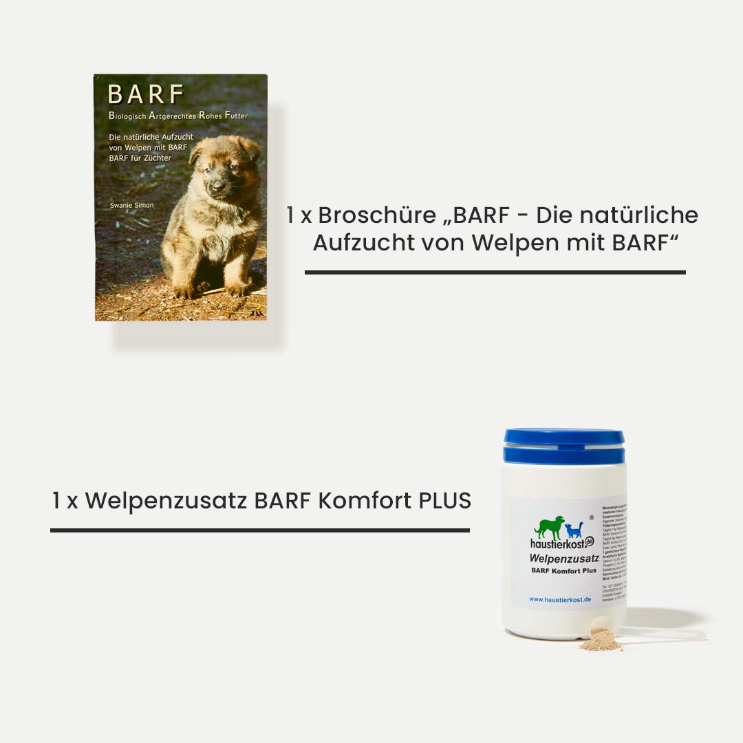 WelpenBox Menü 1 mit BARF Broschüre „Die natürliche Aufzucht von Welpen mit BARF“ und Welpenzusatz BARF Komfort PLUS Dose.