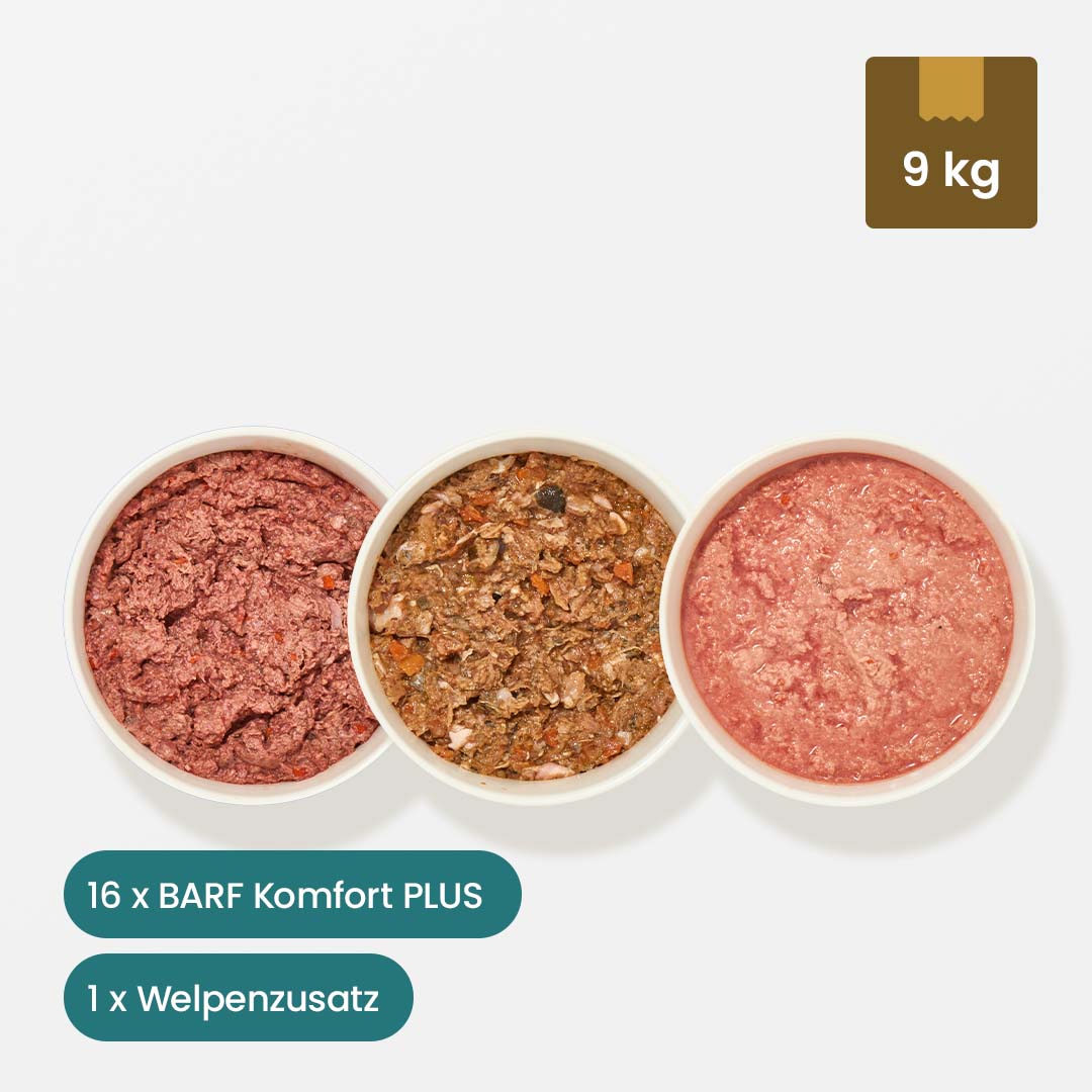 WelpenBox Menü 1 mit 8 kg BARF Komfort Plus Fleischsorten und Welpenzusatz für natürliche Welpenaufzucht