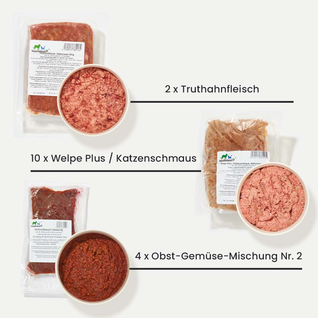 WelpenBox Menü 2 mit 10 Päckchen Welpe Plus, 2 Truthahnfleisch, 4 Obst-Gemüse-Mischung Nr. 2 für Welpenfutter