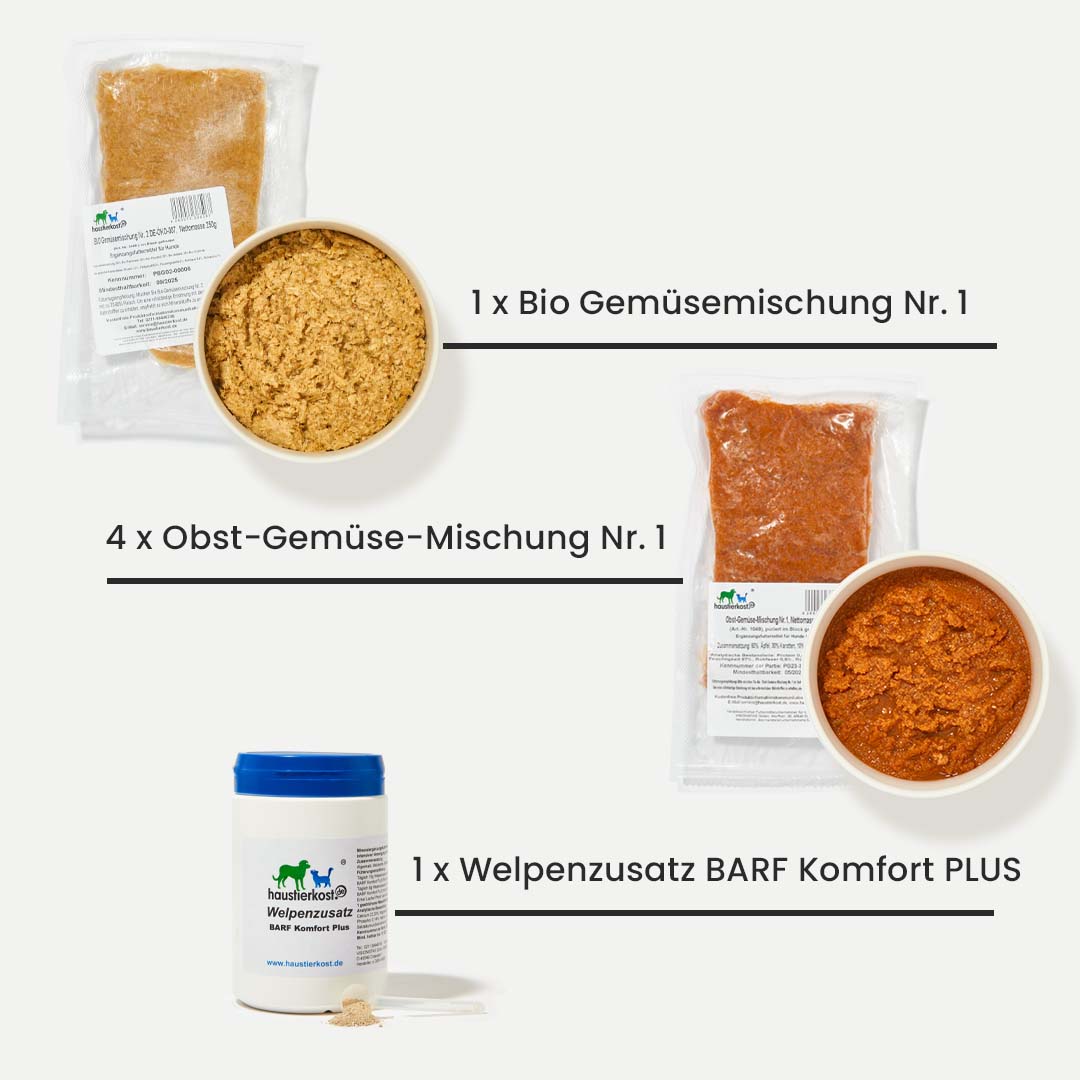 WelpenBox Menü 2 mit Bio Gemüsemischung Nr. 1, Obst-Gemüse-Mischung Nr. 1 und Welpenzusatz BARF Komfort PLUS in Portionsverpackungen