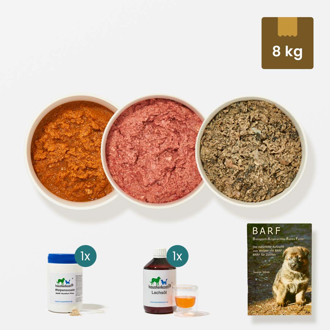 WelpenBox Menü 3 mit 8 kg BARF Hunde-Menü aus Rindermuskelfleisch, Rinderpansen, Hühnerhälse, Geflügelinnereien, Obst-Gemüse-Mischungen, Welpenzusatz, Lachsöl und BARF-Broschüre