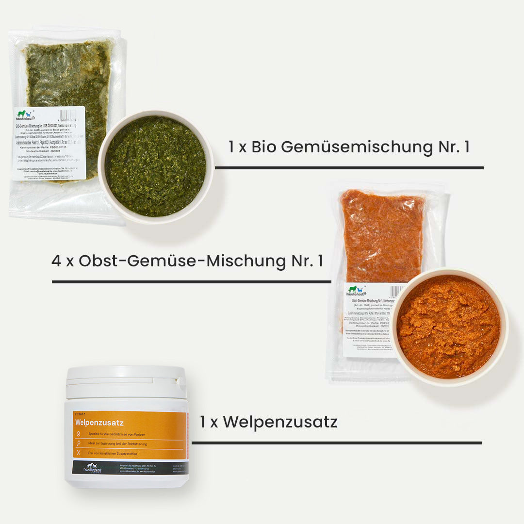 WelpenBox Menü 2 mit 8 kg Welpenfutter, Truthahn, Obst-Gemüse-Mischungen, Welpenzusatz und Lachsöl