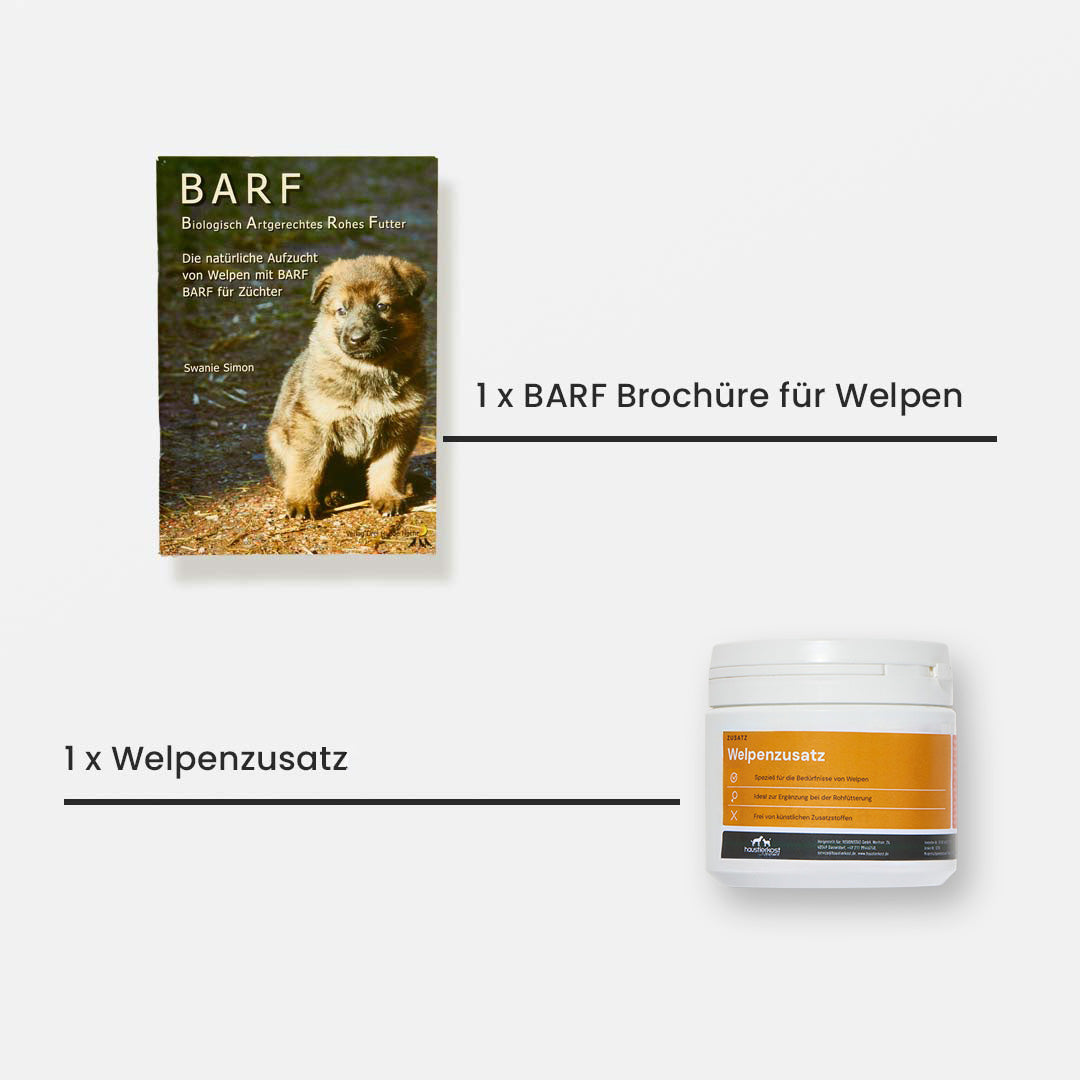 WelpenBox Menü 3 mit 8 kg BARF Komfort Plus, Rindermuskelfleisch, Rinderpansen, Hühnerhälse, Geflügelinnereien, Obst-Gemüse-Mischungen, Welpenzusatz und Lachsöl