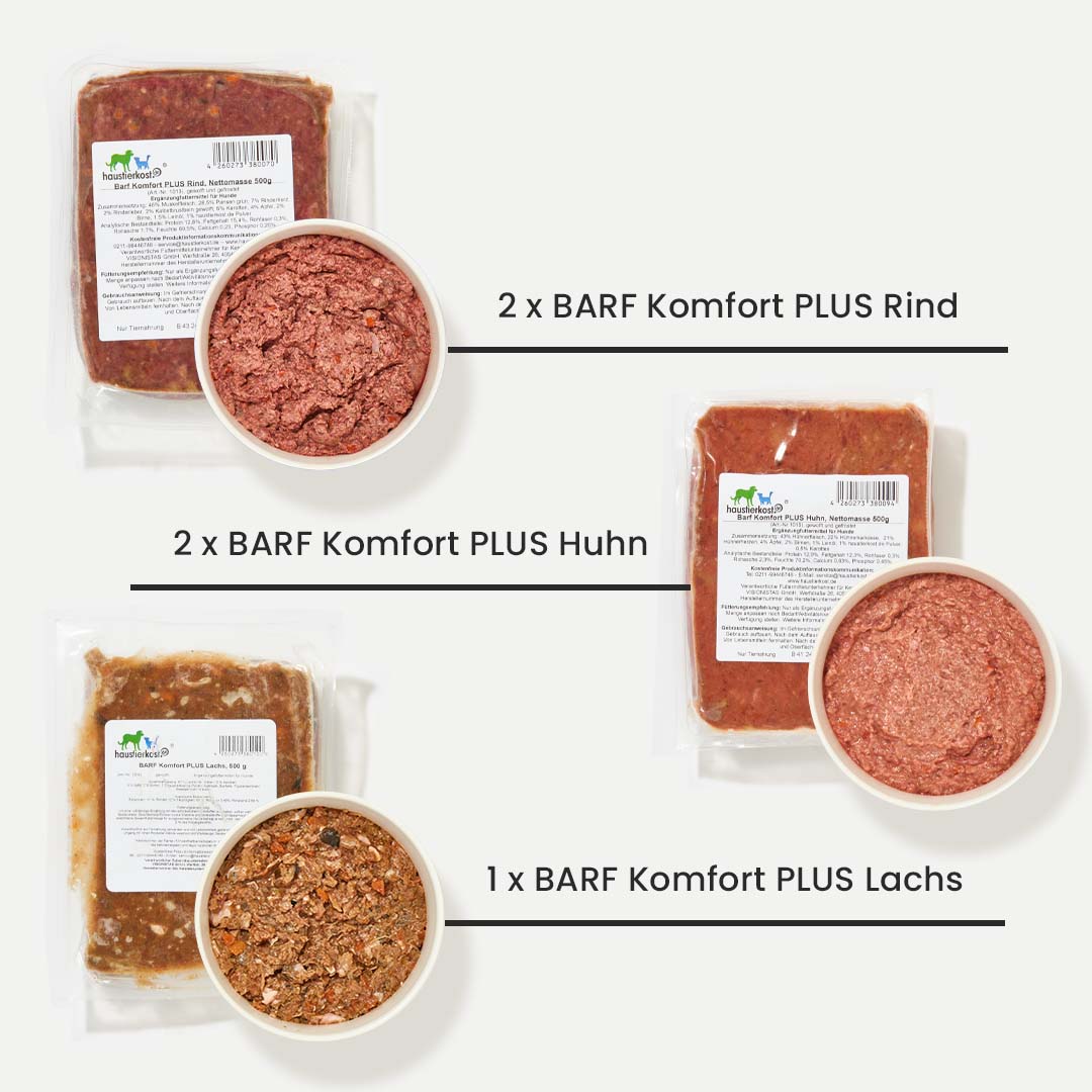 BARF Komfort PLUS Rind, Huhn und Lachs.
