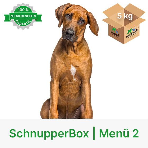 Hund mit SchnupperBox Menü 2 für BARF-Ernährung, 5 kg tiefgefrorenes Fleisch, Obst, Gemüse und Kräuter, mit Zufriedenheitsgarantie.
