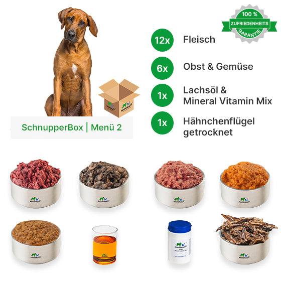SchnupperBox Menü 2 mit tiefgefrorenem Fleisch, Obst, Gemüse, Kräutermix, Lachsöl, Vitaminmix und getrockneten Ochsenziemerenden für Haustiere.