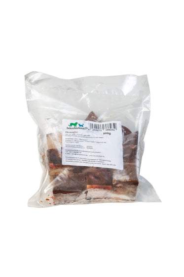 Tiefgefrorene Pferdeleber in einem Plastikbeutel, 500 g, nährstoffreich.
