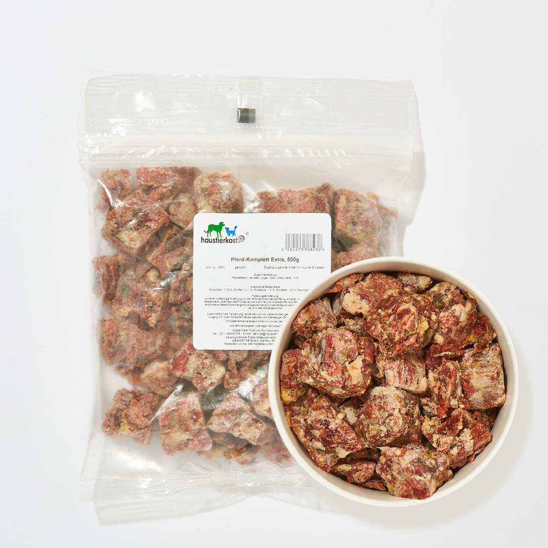 Pferd-Komplett Extra, 500 g Pferdefleisch für Hunde und Katzen, hohe Kalziumquelle.
