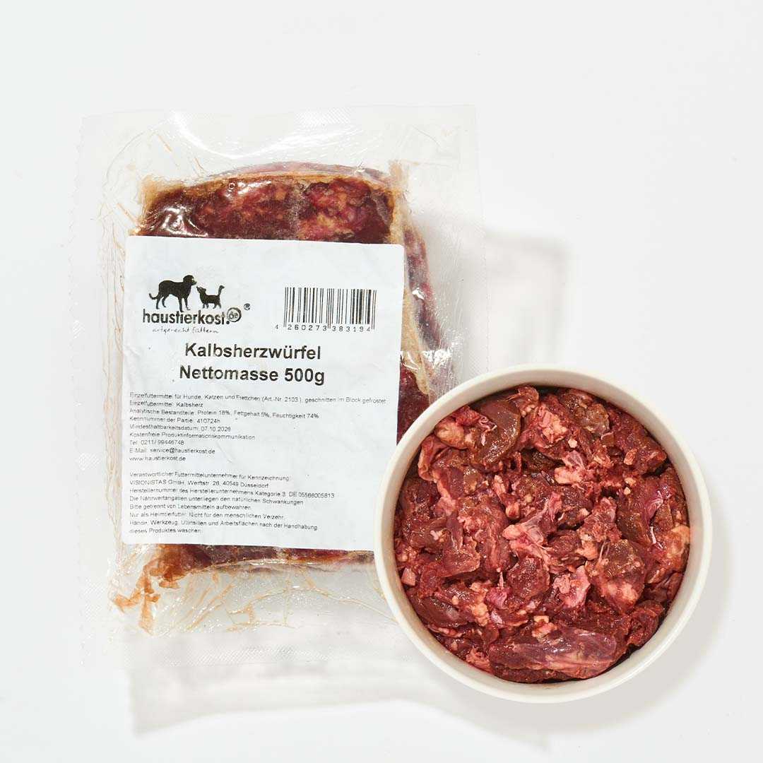 Kalbsherzwürfel 500g in Verpackung, tiefgekühlt, geeignet für Hunde und Katzen.