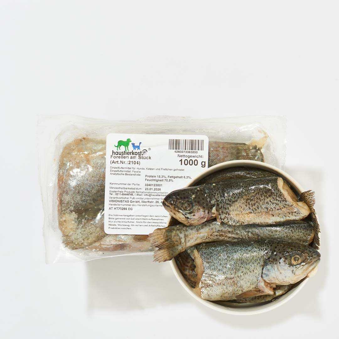 Forellen am Stück, 1 kg, geeignet für Hunde und Katzen, reich an Omega-3- und Omega-6-Fettsäuren.