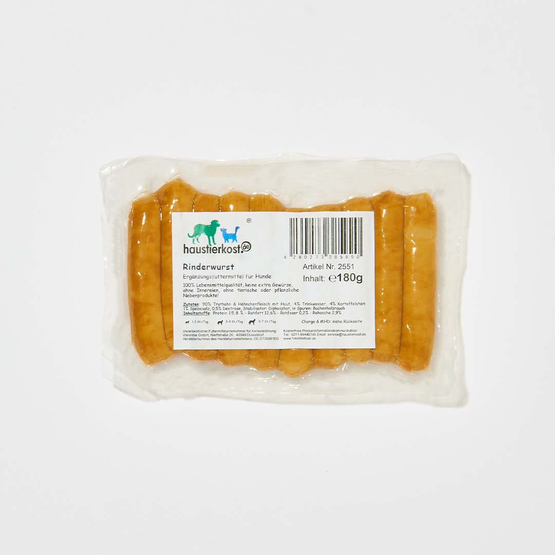 Rinderwurst 10 x 18 g, reines Rindfleisch, keine Gewürze, vakuumverpackt.