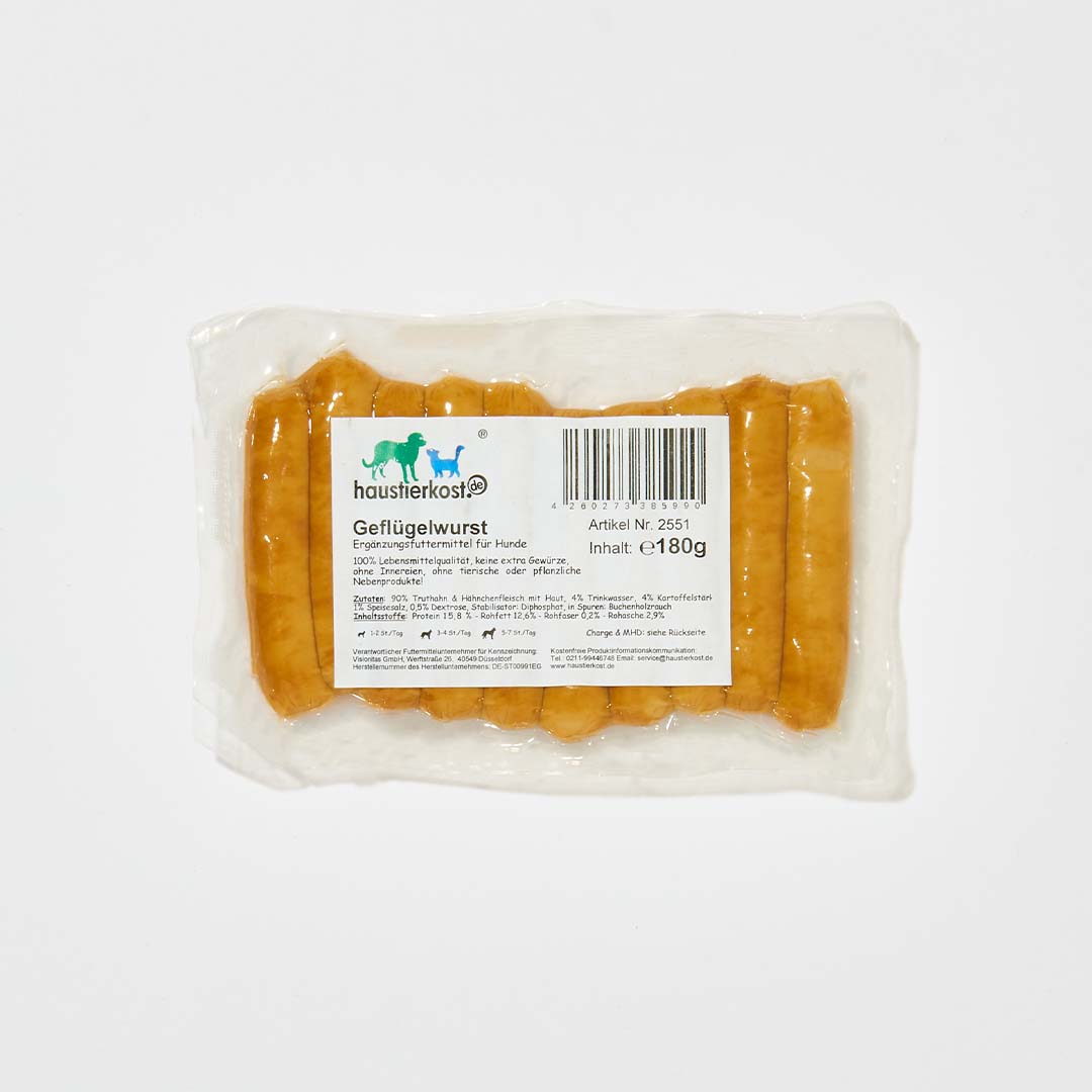 Geflügelwurst 10 x 18 g in Verpackung, 100 % Lebensmittelqualität, ohne Innereien und Nebenerzeugnisse, reine Geflügelfleischwürste