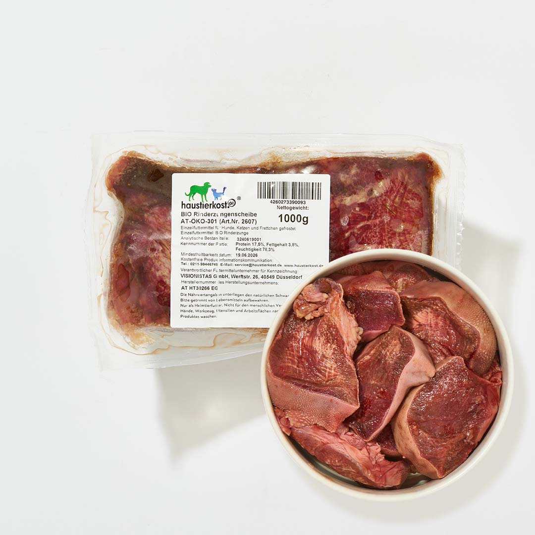 BIO Rinderzungenscheibe, 1 kg Packung, rohe Fleischstücke in Schale, geeignet für große Hunde und Katzen.