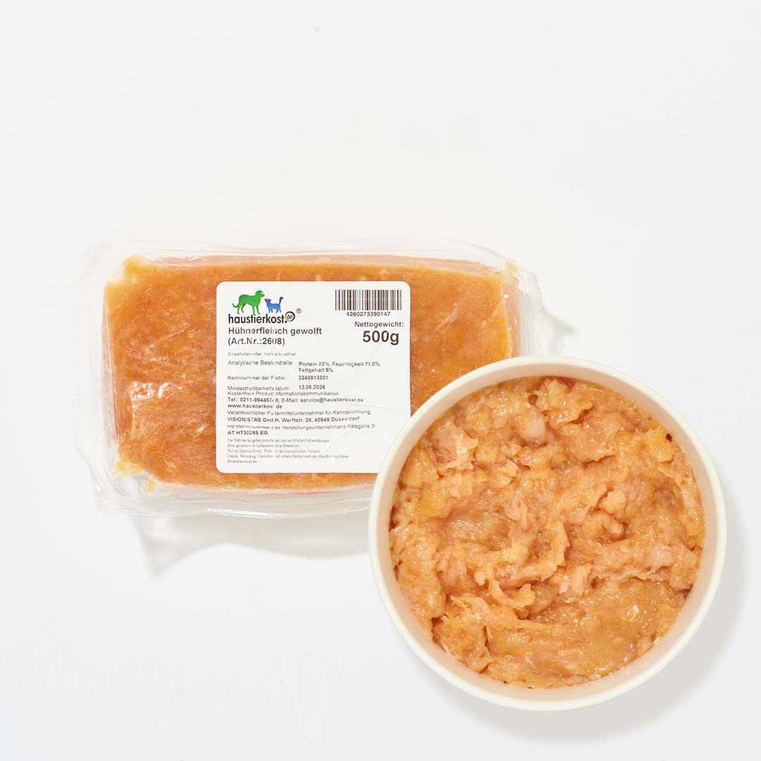 Hühnerfleisch extra fein gewolft, 500g Packung, fettarmer Proteinlieferant für Hunde und Katzen.