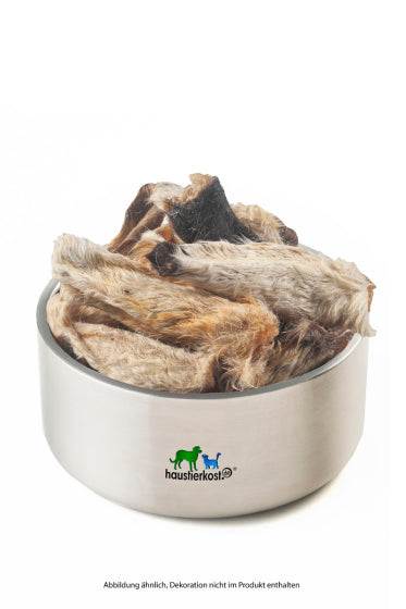 BIO Lammohren mit Fell in Metallnapf, 500 g, getrocknet, DE-ÖKO-006 zertifiziert.