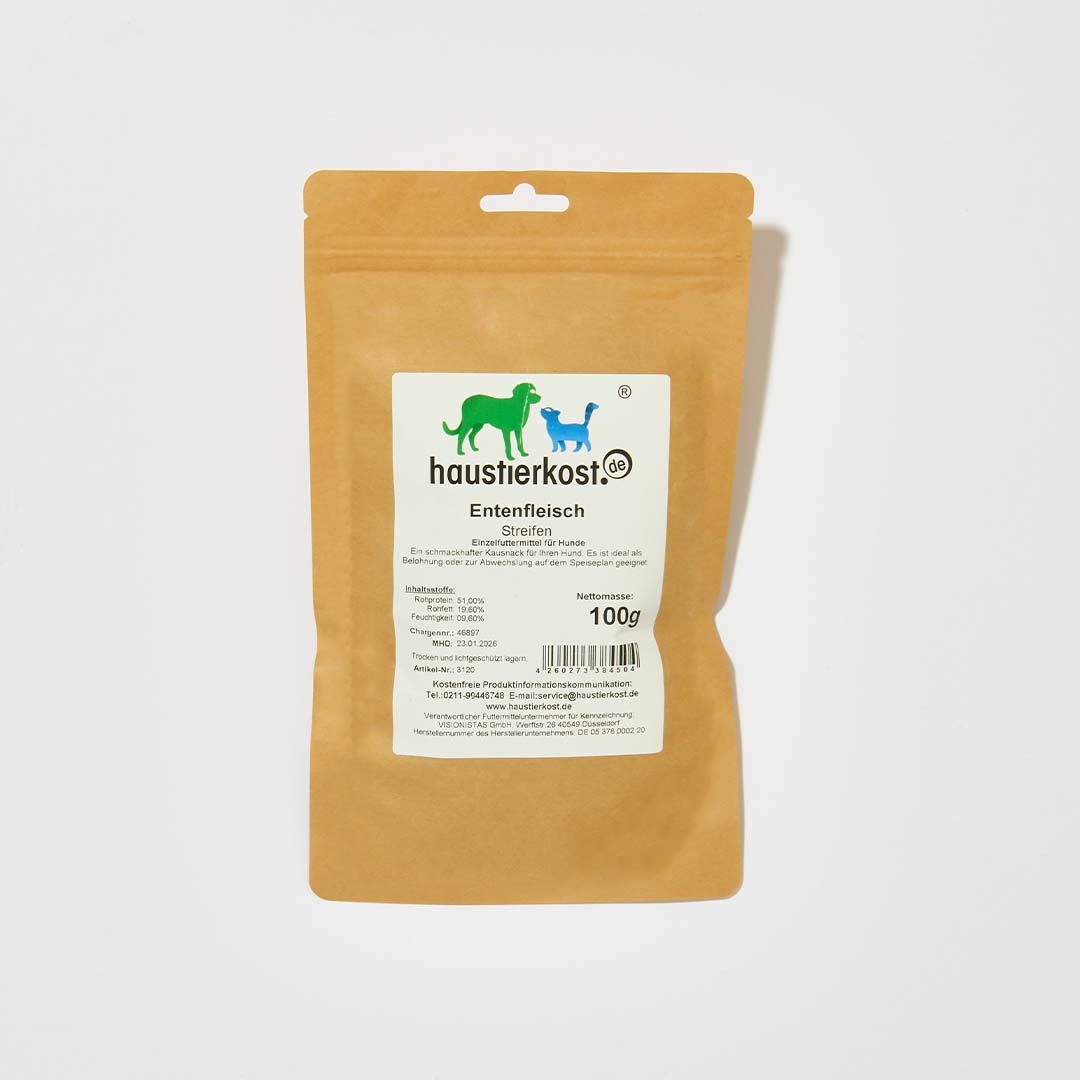 Getrocknete Entenfleischstreifen 100g als knuspriger Snack für Hunde und Katzen