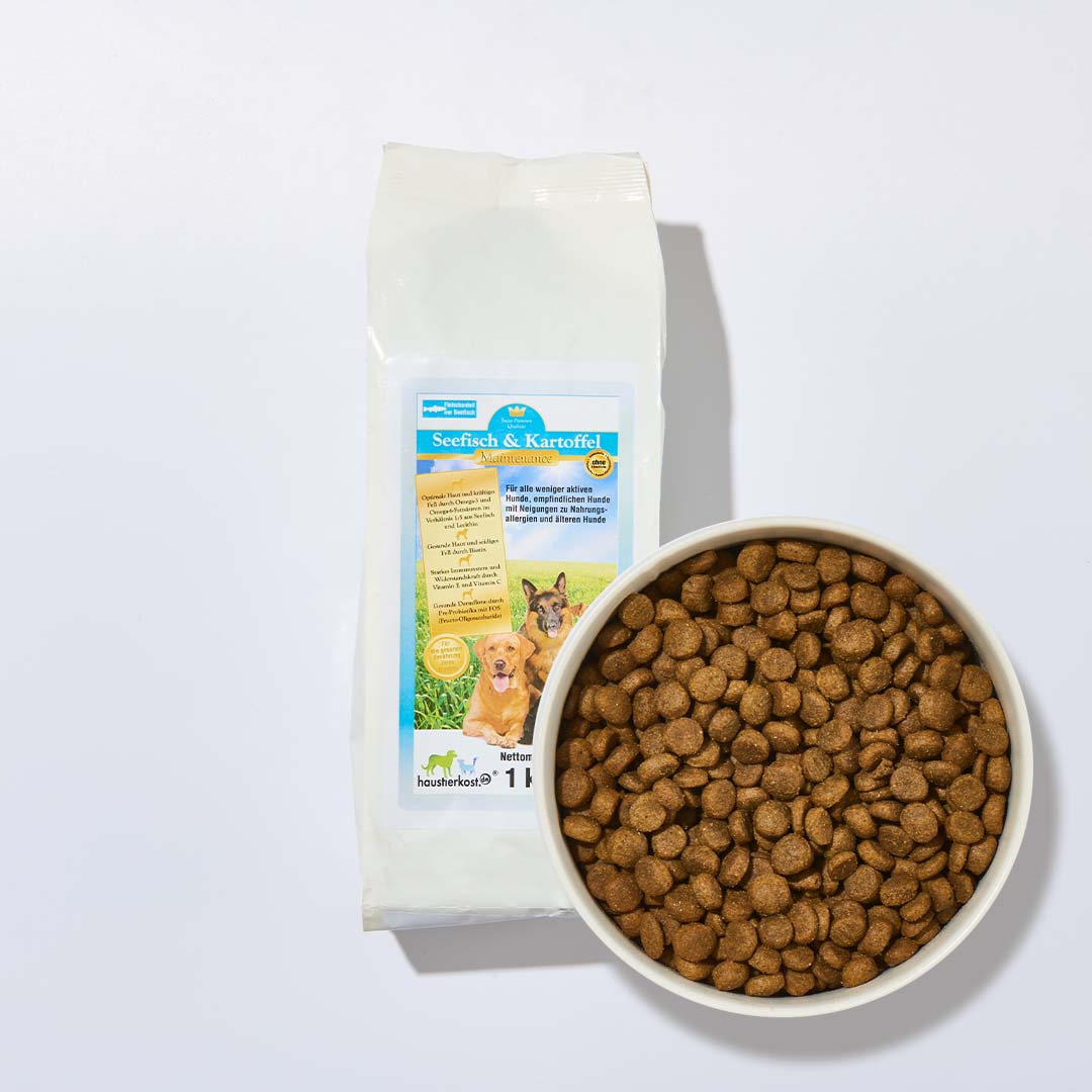 Seefisch und Kartoffel Hundefutter für empfindliche und ältere Hunde mit Omega-Fettsäuren und Probiotika, 1 kg Verpackung und Futter in Schüssel