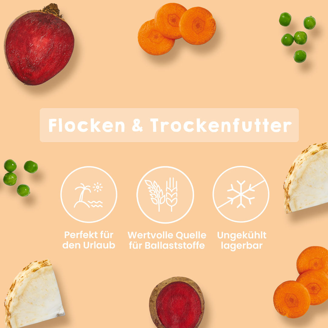 Getreidefreie Gemüse-Mischung als wertvolle Ballaststoffquelle zur Ergänzung der Fleischfütterung, ungekühlt lagerbar.