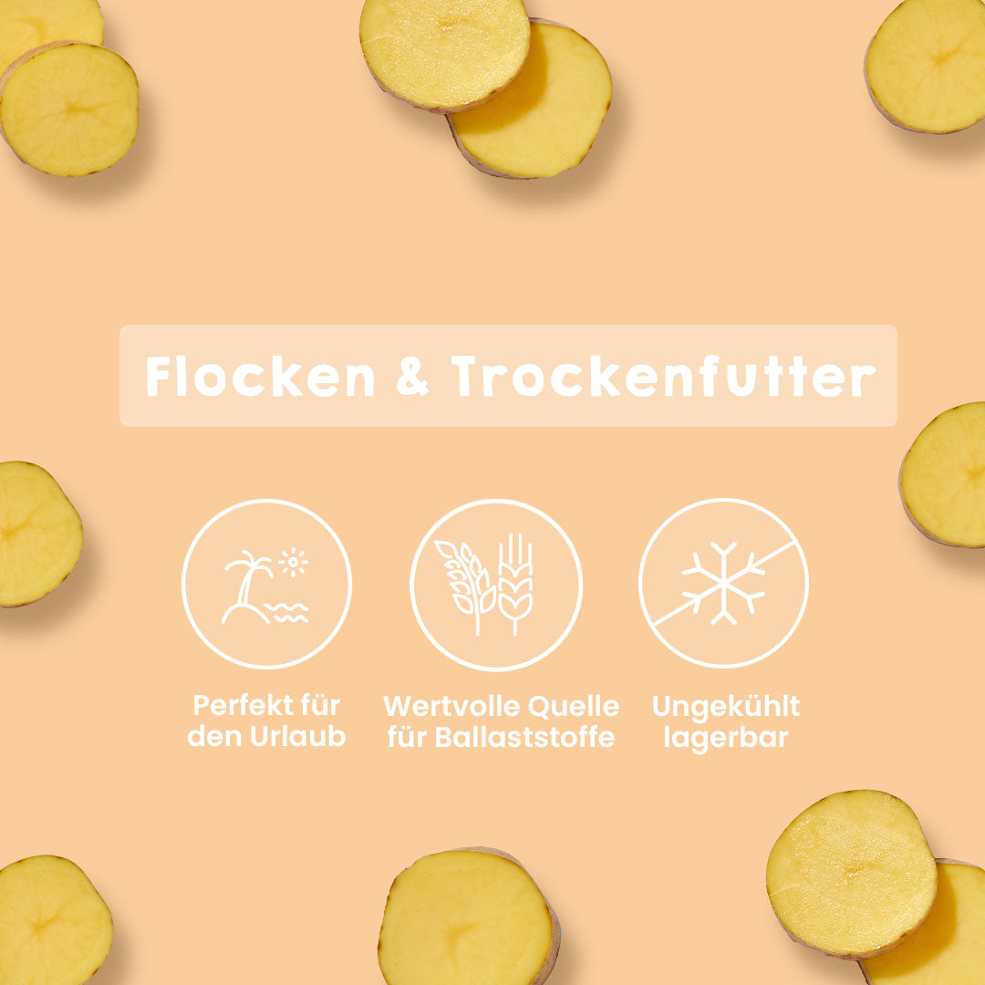 Kartoffelflocken 1 kg als getreidefreie Kohlenhydratquelle für Hunde geeignet, ballaststoffreich und ungekühlt lagerbar.