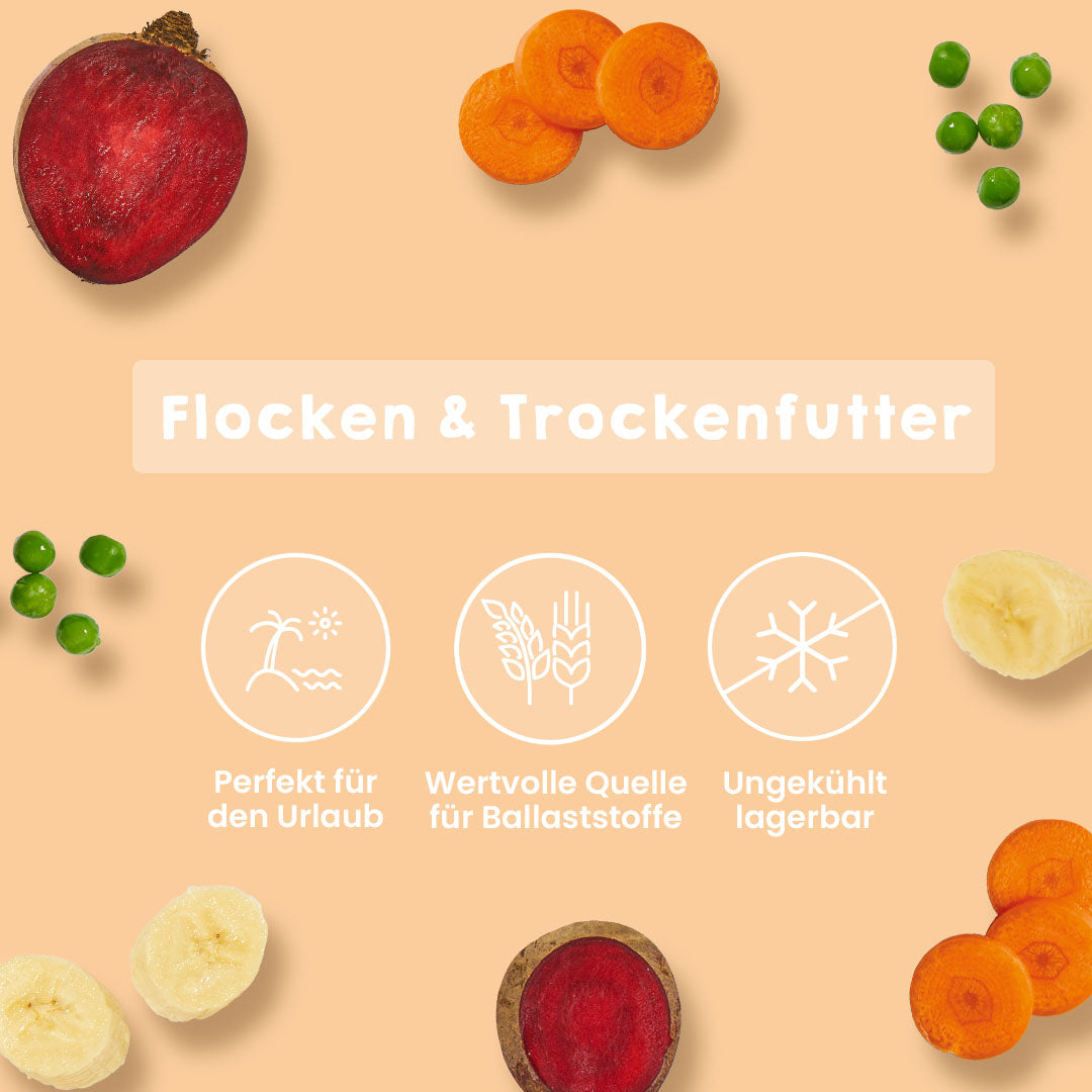 Obst-Gemüse-Mischung mit getreidefreien Flocken und Kräutern als ballaststoffreiche Ergänzung zur Fleischfütterung, lagerfähig und ideal für den Urlaub.