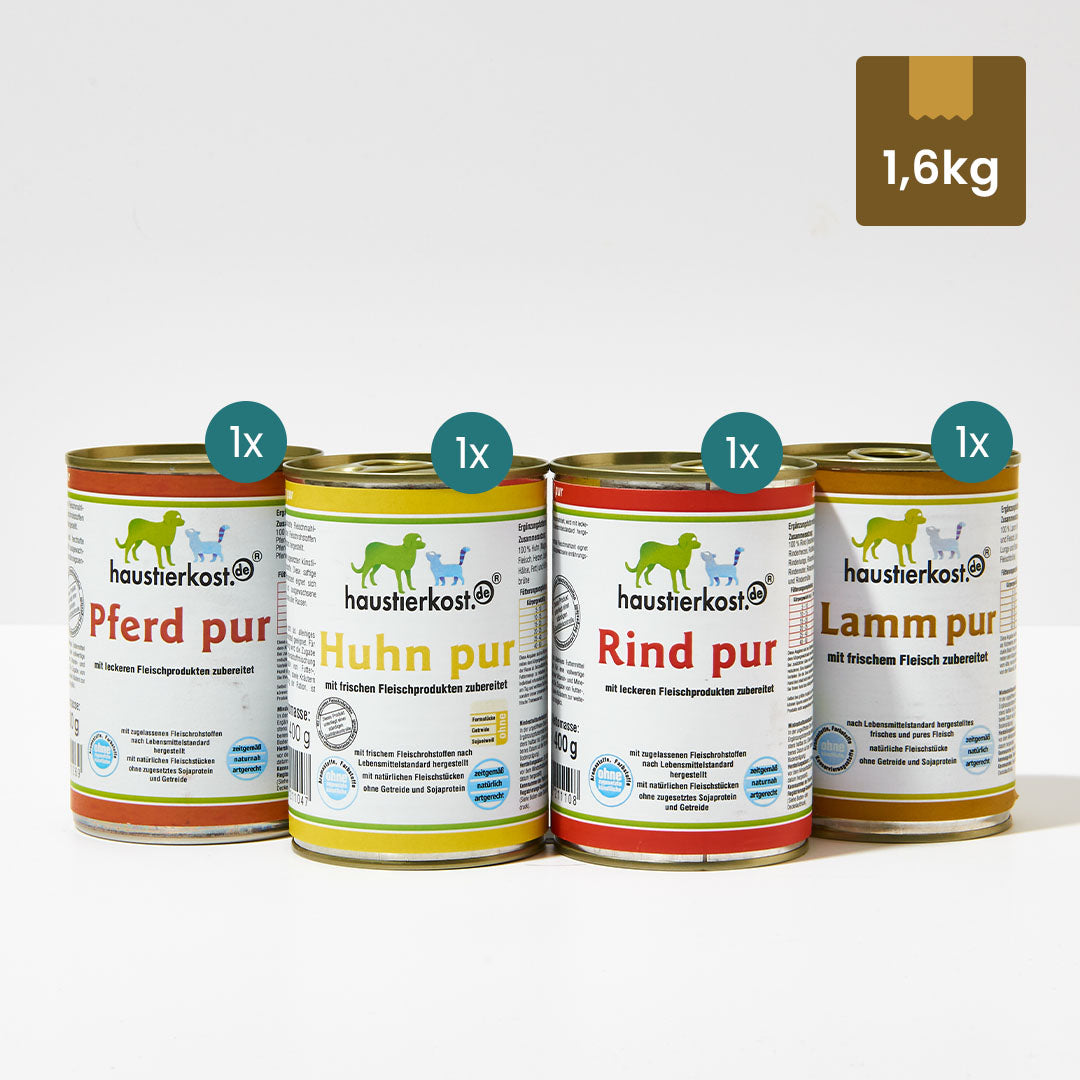 Probiermenü Haustierkost Reinfleisch Dosen 4 x 400 g mit Pferd, Huhn, Rind und Lamm pur ohne Zusatzstoffe