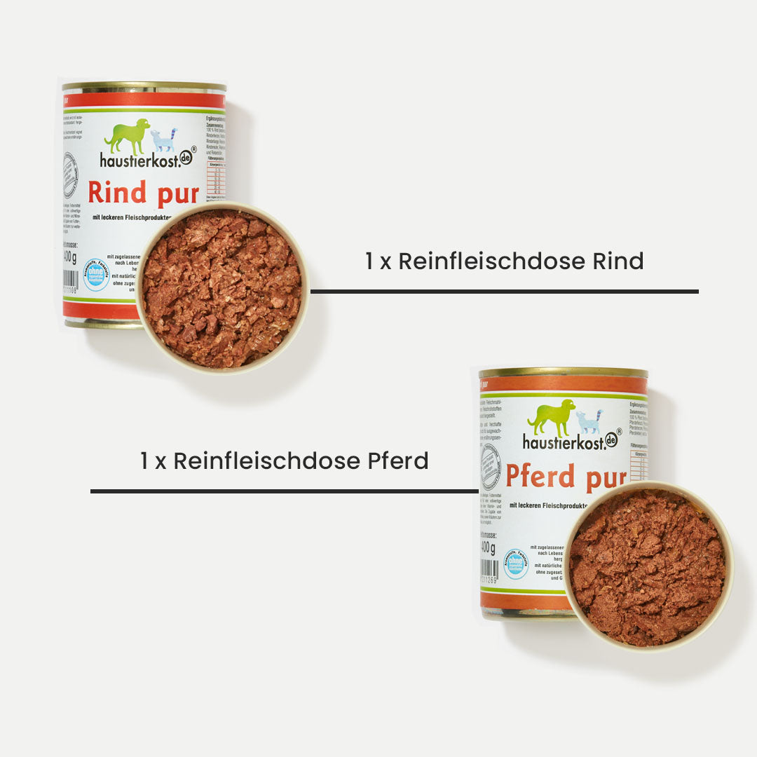 Probiermenü mit Reinfleisch-Dosen Rind und Pferd je 400 g ohne Zusatzstoffe, frisch und natürlich für Haustiere.