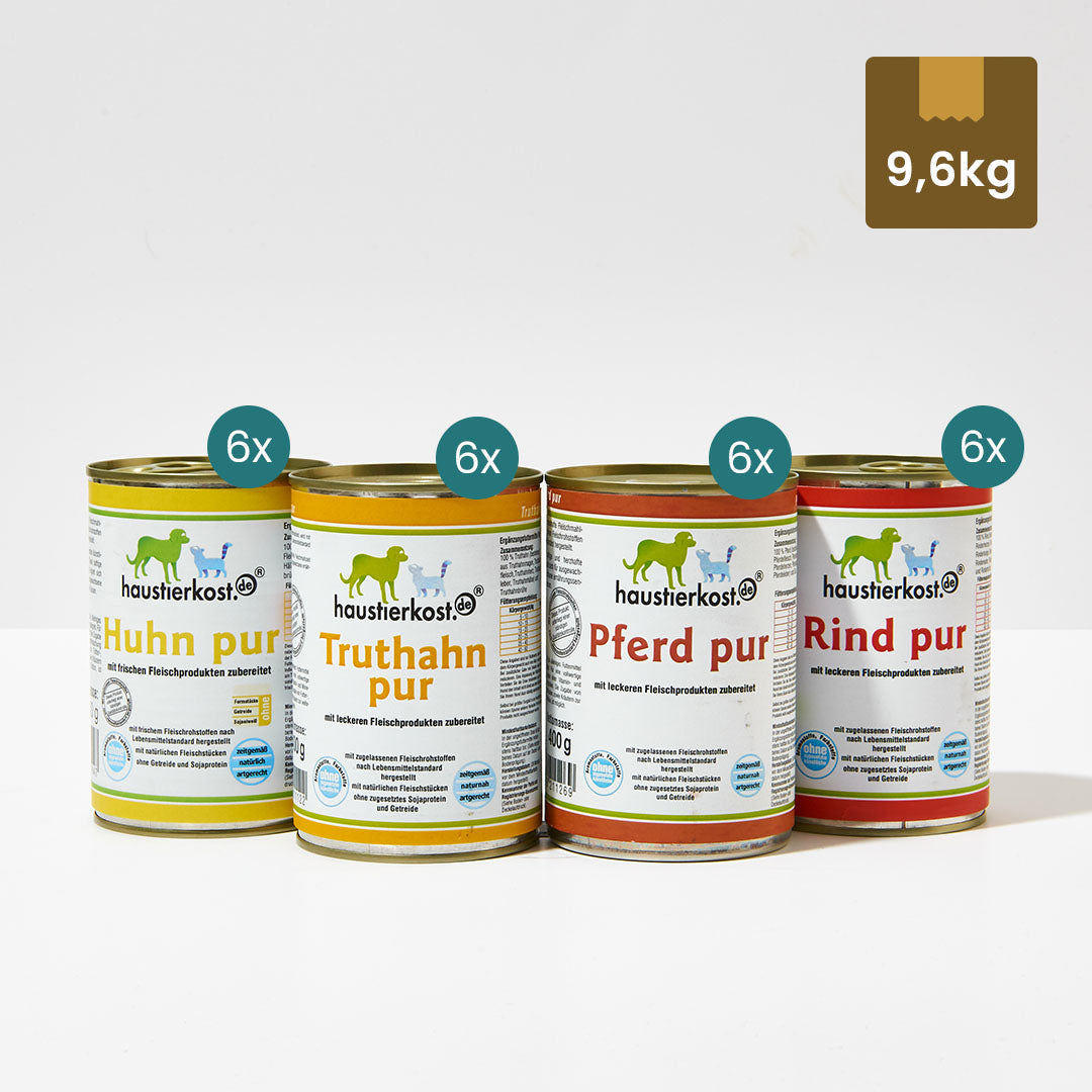 24 Dosen Reinfleisch-Menü mit Truthahn, Pferd, Huhn und Rind je 400 g ohne Zusatzstoffe
