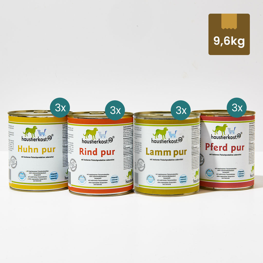Menü 8 mit 12 Dosen je 800g Reinfleisch für Hunde, Lamm, Pferd, Huhn und Rind pur ohne Zusatzstoffe
