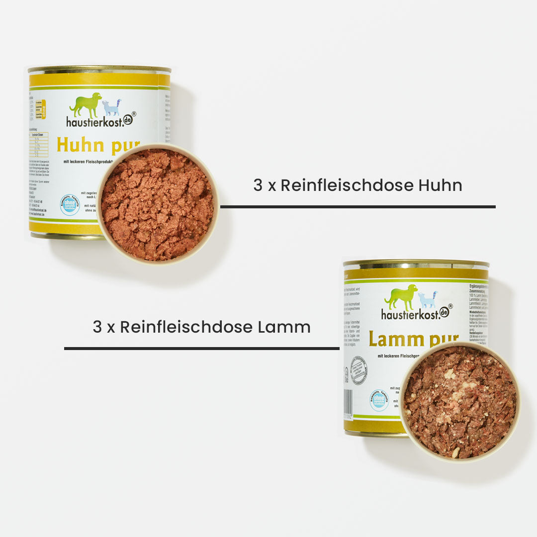 Menü 8 mit 12 Dosen Reinfleisch für Hunde, je 3x Lamm pur und Huhn pur, ohne künstliche Zusätze