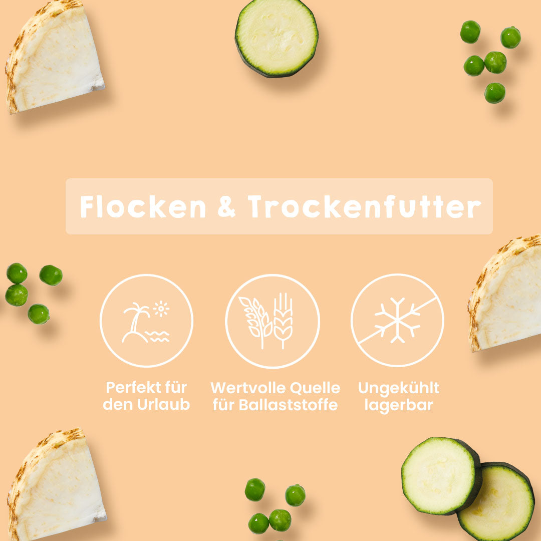 Gemüse-Mix karotinfrei und getreidefrei 1 kg als ballaststoffreiche Ergänzung zur Fleischfütterung, ungekühlt lagerbar.