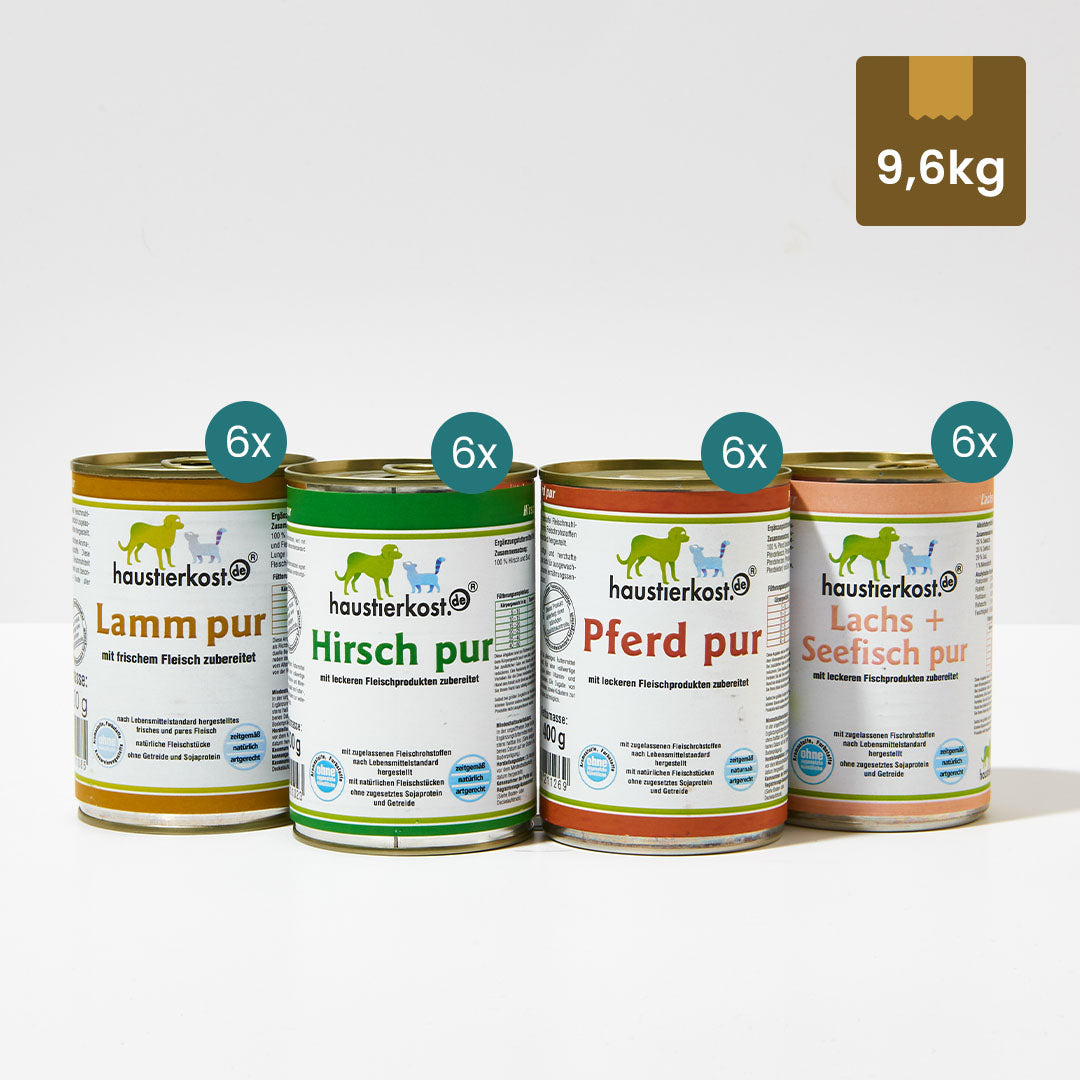 24 Dosen Haustierkost Reinfleisch-Menü mit Lachs, Pferd, Lamm und Hirsch je 400g, naturbelassene Tiernahrung ohne Zusatzstoffe
