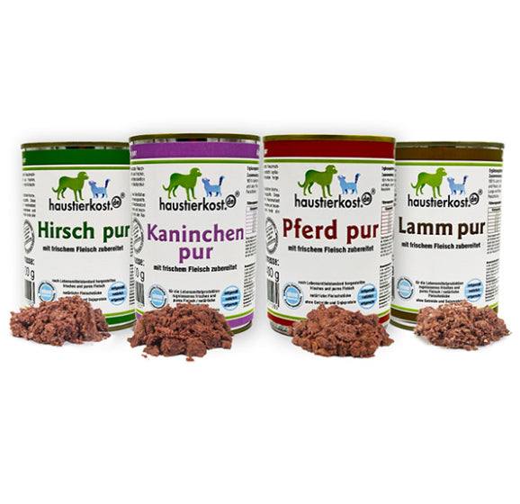 Probiermenü B: Reinfleisch-Dosen mit Lamm, Hirsch, Huhn und Pferd, 4 x 400 g, ohne künstliche Zusätze.