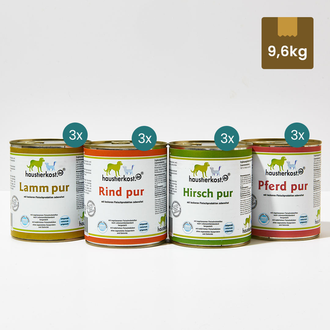 Dosen-Menü mit 12 x 800g Reinfleisch für Hunde, je 3x Lamm, Rind, Hirsch und Pferd pur ohne Zusatzstoffe, 9,6 kg Gesamtgewicht