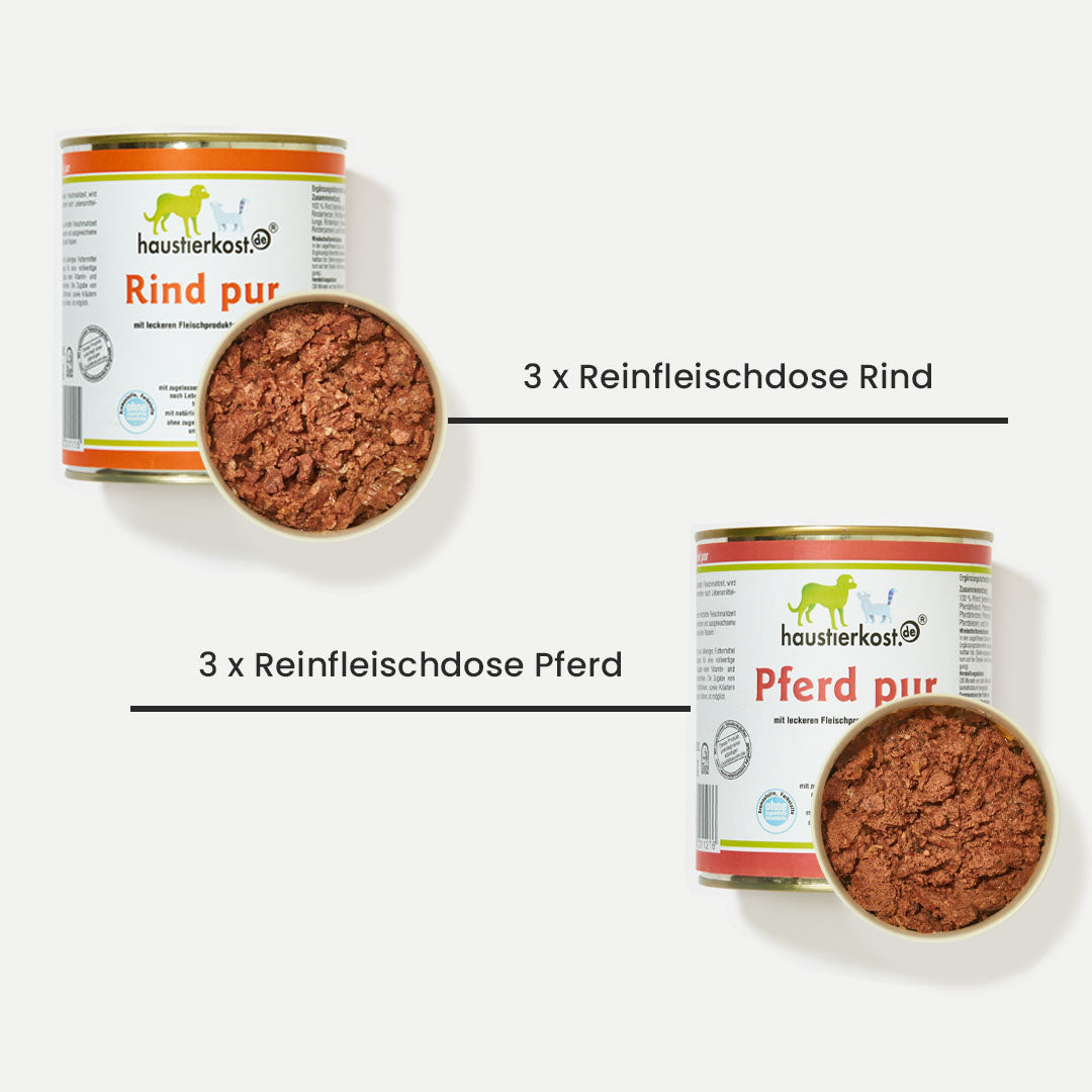 Dosenmenü mit 3 Reinfleischdosen Rind und 3 Dosen Pferd pur, hochwertiges Nassfutter ohne künstliche Zusätze