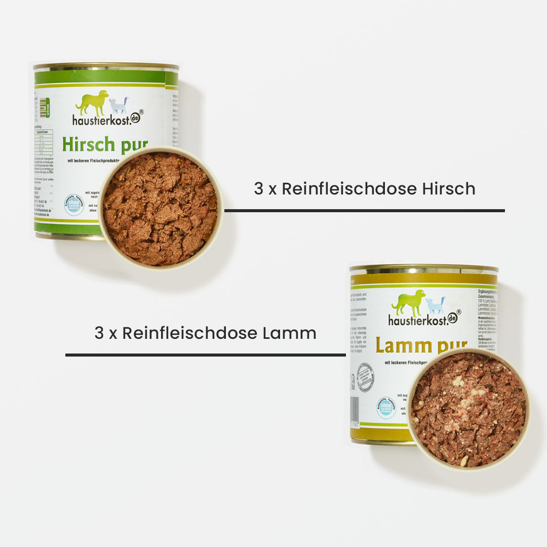 Menü 10 mit 12 Dosen Reinfleisch für Hunde, je 3 x Rind, Pferd, Lamm und Hirsch, ohne künstliche Zusätze