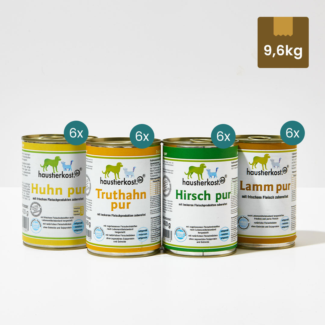 24 Dosen Haustierkost Reinfleisch Menü mit Huhn, Truthahn, Lamm und Hirsch je 400g, ohne Zusatzstoffe