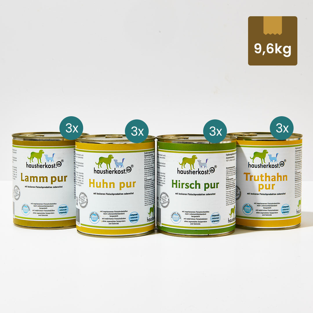 12 Dosen Reinfleisch-Menü mit Huhn, Truthahn, Lamm und Hirsch je 800g ohne Zusatzstoffe