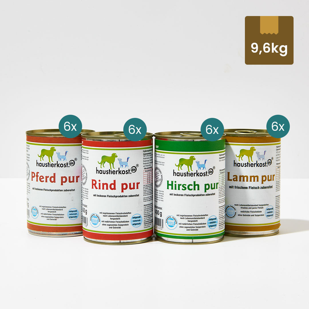 24 Dosen Reinfleisch-Menü mit Hirsch, Pferd, Lamm und Rind je 400 g ohne Zusatzstoffe