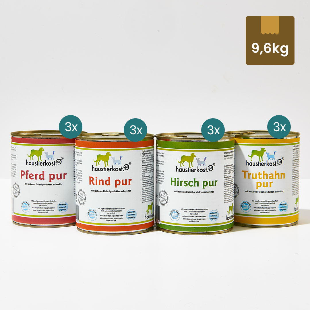 12er Set Reinfleisch-Dosen Menü 4 mit Hirsch, Pferd, Truthahn und Rind à 800 g ohne Zusatzstoffe