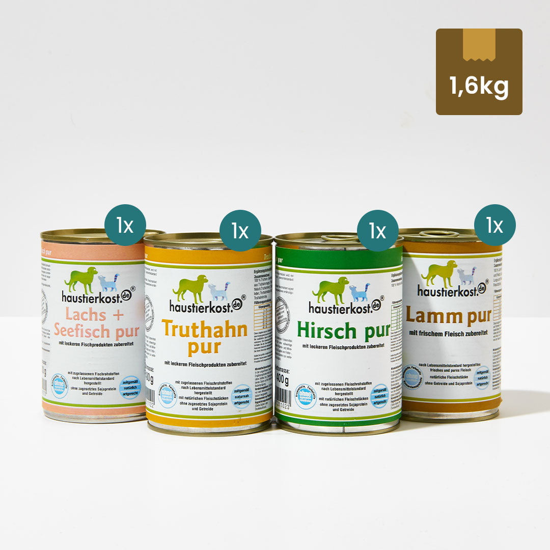 Probiermenü mit 4 Dosen Reinfleisch Hirsch, Lamm, Lachs & Seefisch und Truthahn, je 400g, ohne künstliche Zusatzstoffe