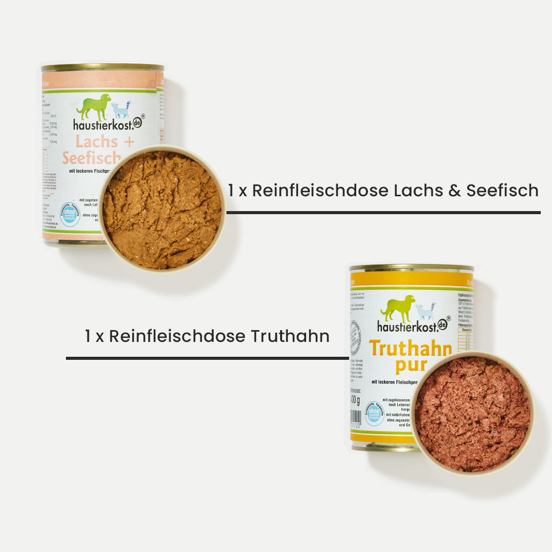 Probiermenü Haustierkost Reinfleischdosen Lachs Seefisch und Truthahn pur je 400g ohne Zusatzstoffe