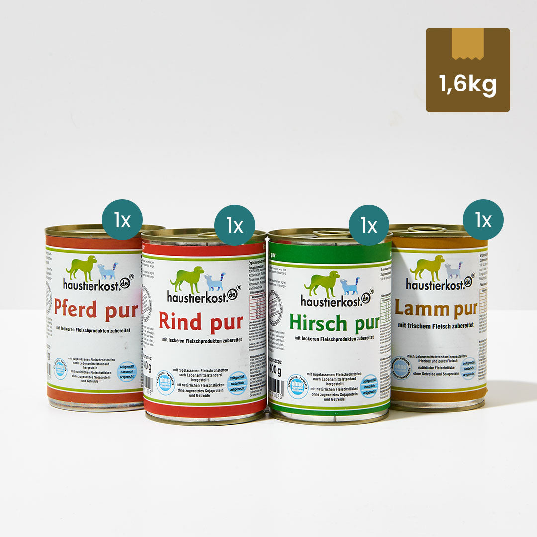 Probiermenü D mit Hirsch, Rind, Lamm und Pferd, je 400g Dose, natürliche Reinfleisch-Dosen ohne Zusatzstoffe für Haustiere