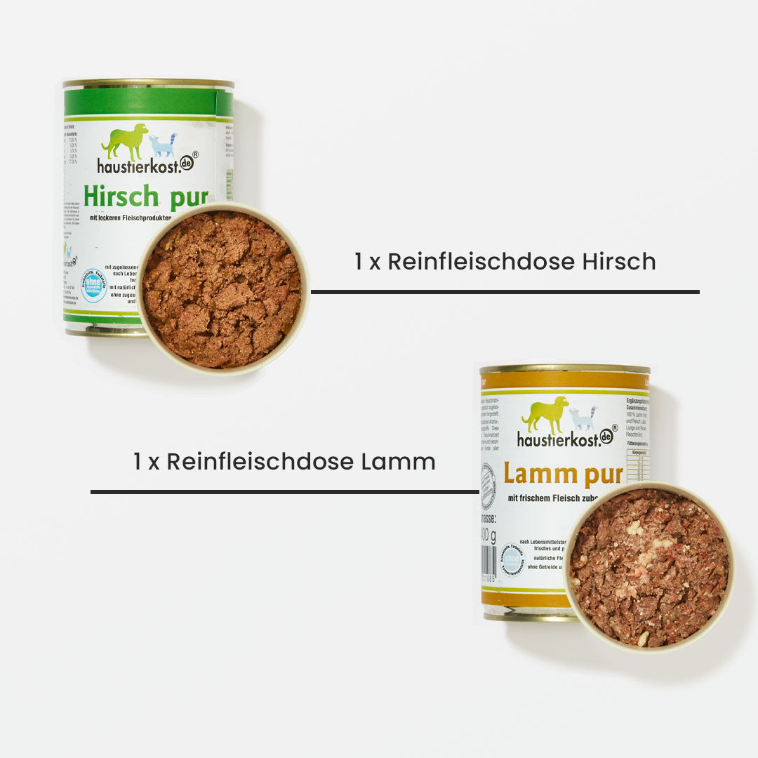 Probiermenü mit 4 Dosen Reinfleisch für Hunde: Hirsch, Rind, Lamm, Pferd je 400g ohne Zusatzstoffe