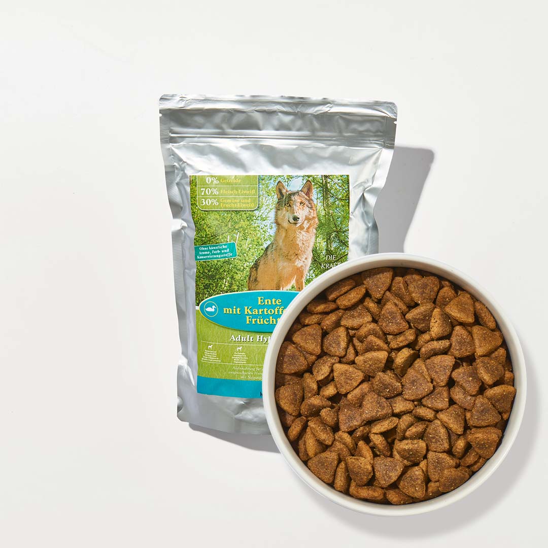 Trockenfutter Ente mit Kartoffel für empfindliche ausgewachsene Hunde ohne Getreide 1 kg Packung mit Futterschale