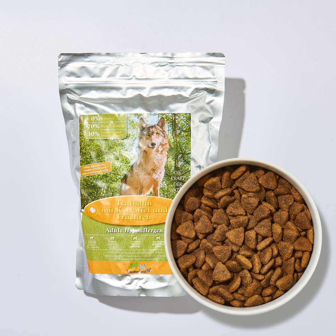 Truthahn mit Kartoffel Hundefutter 1 kg, getreidefrei, 70% Fleisch-Eiweiß, für empfindliche Hunde