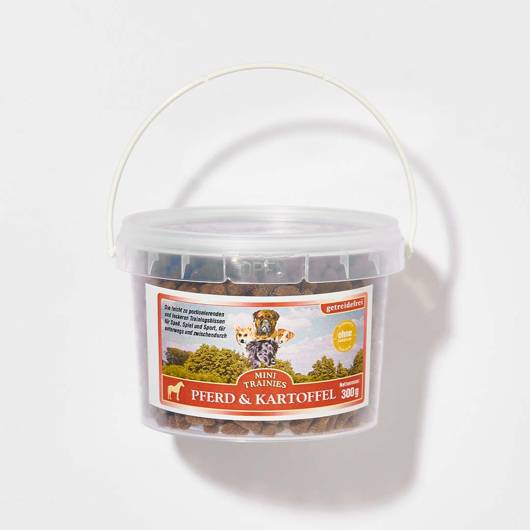 Mini-Trainies Pferd & Kartoffel 300 g, getreidefreie Hundeleckerlis im Eimer.
