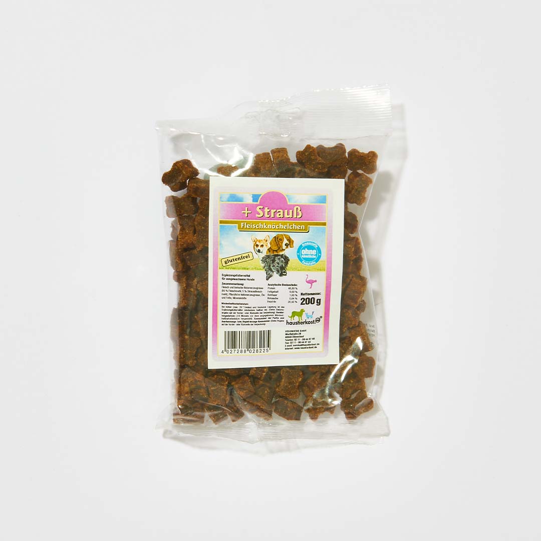haustierkost.de Fleisch-Knöchelchen Hundesnack mit Straußenfleisch, glutenfrei, 200g, ohne künstliche Zusatzstoffe