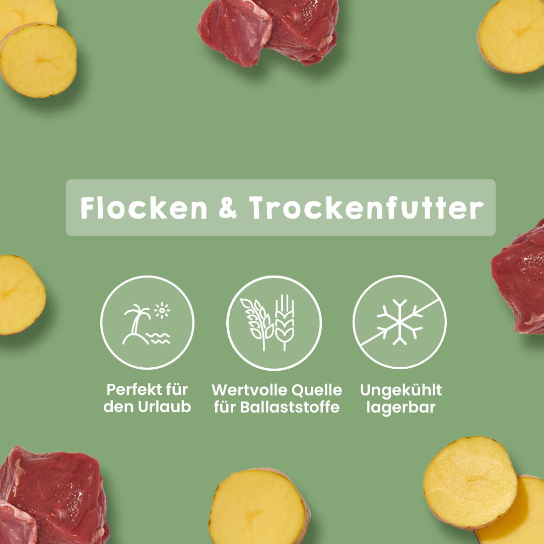 Rentier & Kartoffel Hundefutter 1 kg mit Rentierfleisch, ballaststoffreich und ohne künstliche Zusätze, unterstützt Haut, Fell und Immunsystem, ideal für ernährungssensible Hunde.
