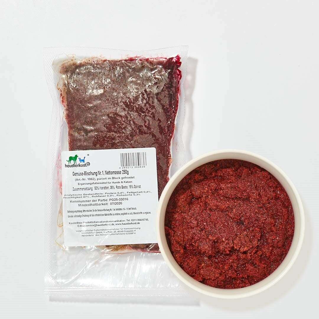 Gemüsemischung Nr. 1, 250 g Packung und Schale mit püriertem, gefrostetem Gemüse.