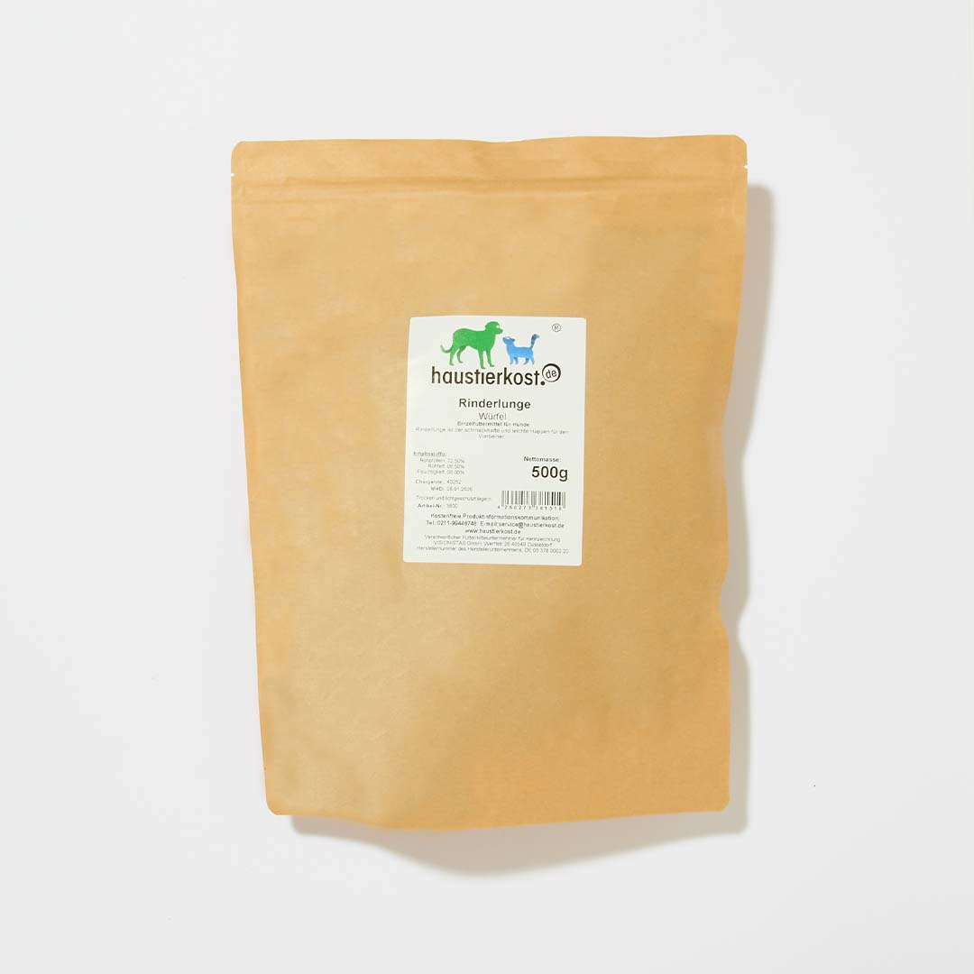 500 g Packung Rinderlungen-Würfel als fettarmer Hundesnack für Training und Belohnung.